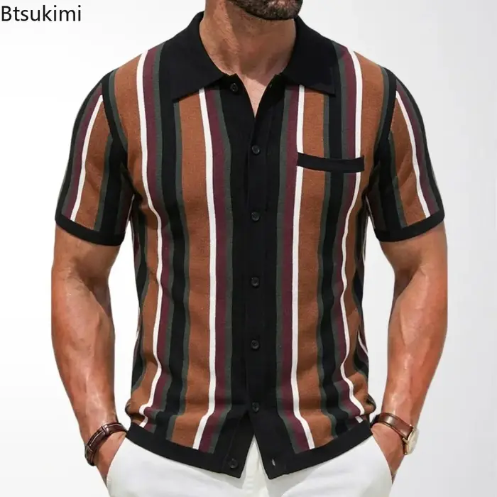 Cardigans tricotés Vintage pour hommes, Polo rayé, manches courtes, revers, hauts respirants, Business décontracté, T-shirt Social, été