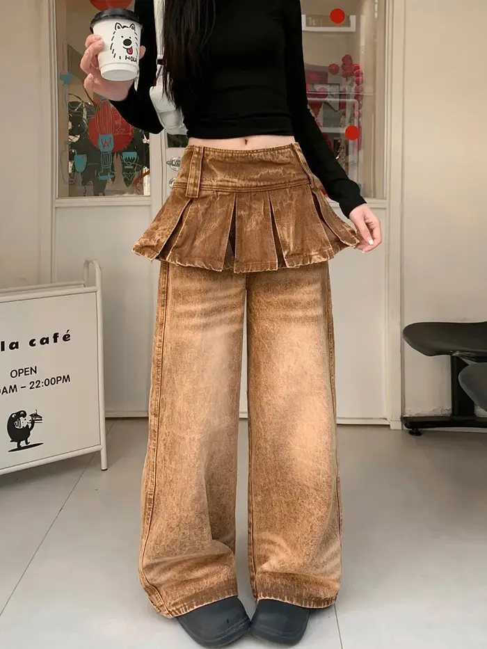 Jean ample vintage marron style Y2K streetwear 2026 pour femme – Pantalon en denim à jambe large