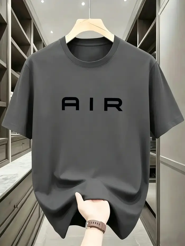 T-shirt bleu marine pour homme - Tissu extensible doux, coupe ample, col rond, manches courtes avec inscription AIR en lettres épaisses, léger pour l'été