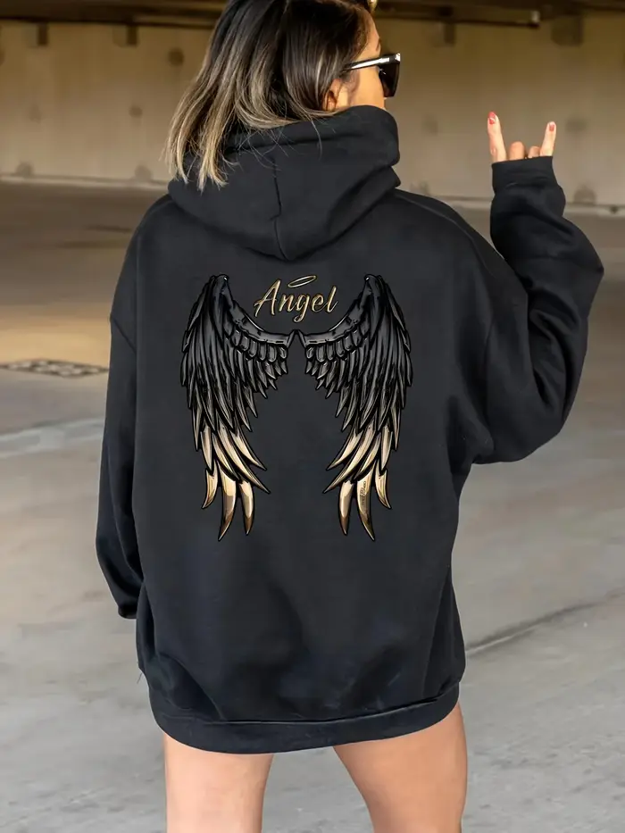 Sweat à capuche décontracté pour femmes avec ailes d'ange, cordon de serrage graphique, poche kangou