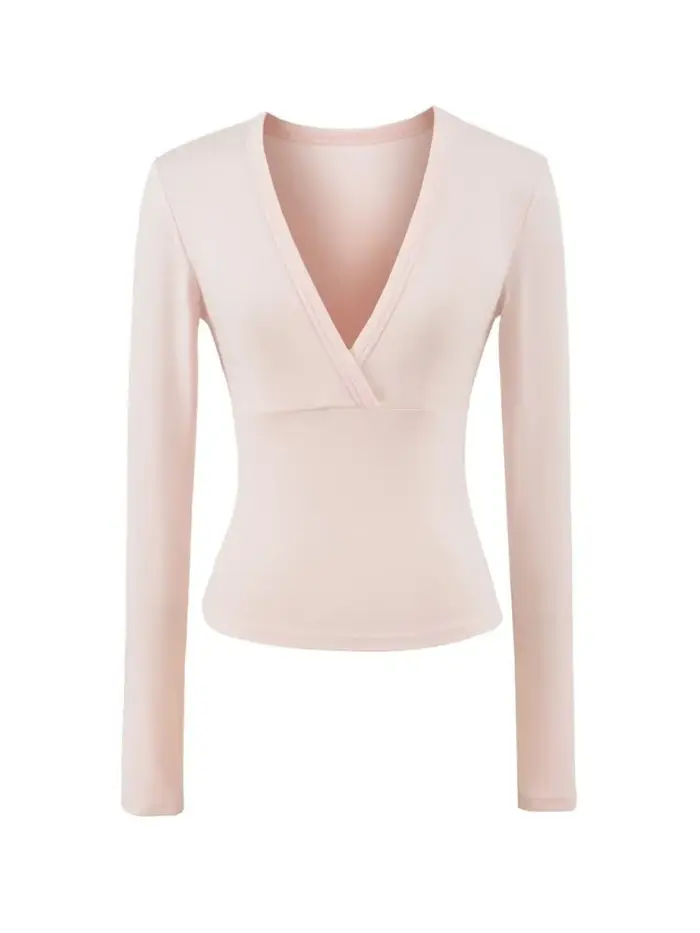 Mignon rose col en v mince T-shirts femmes automne nouveau Streetwear décontracté coton à manches longues