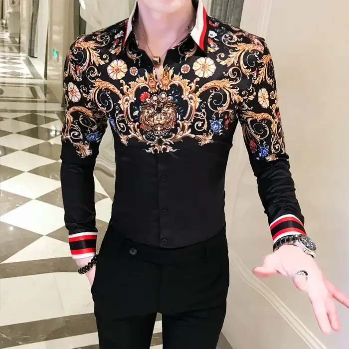 Chemise rétro à manches longues pour hommes, dorée, mode luxe, adaptée aux fêtes, haut à boutons imp