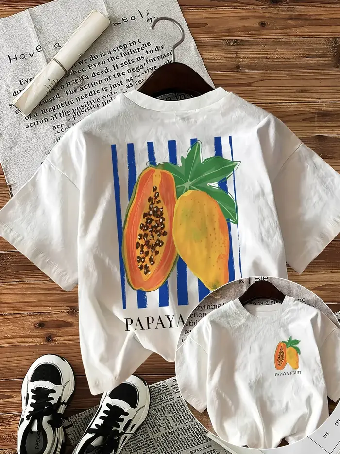 T-shirt pour femme avec imprimé graphique tropical (papaye, fruit de la passion, citron), col rond, 