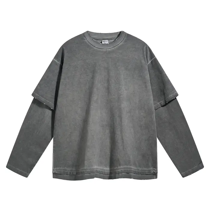 Faux deux T-shirts à manches longues sales, teints et usés