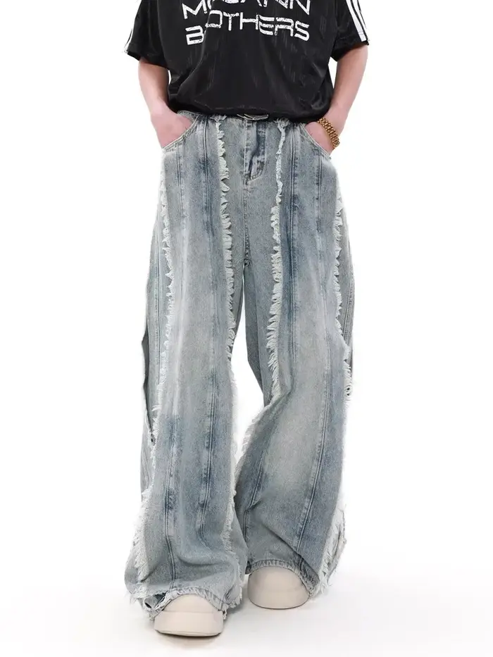 2026 Pantalon en jean baggy empilé bleu délavé, style Grunge Y2K Streetwear, coupe large, pour homme