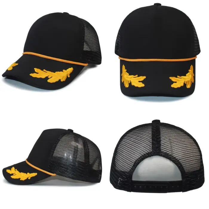 Casquette en maille de feuilles de chêne-chapeau de camionneur en mousse de polyester noir doré sur 