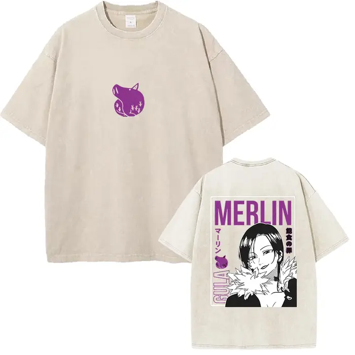 Merlin les sept péchés capitaux graphique T-shirt Manga Vintage lavé surdimensionné T-shirt hommes f
