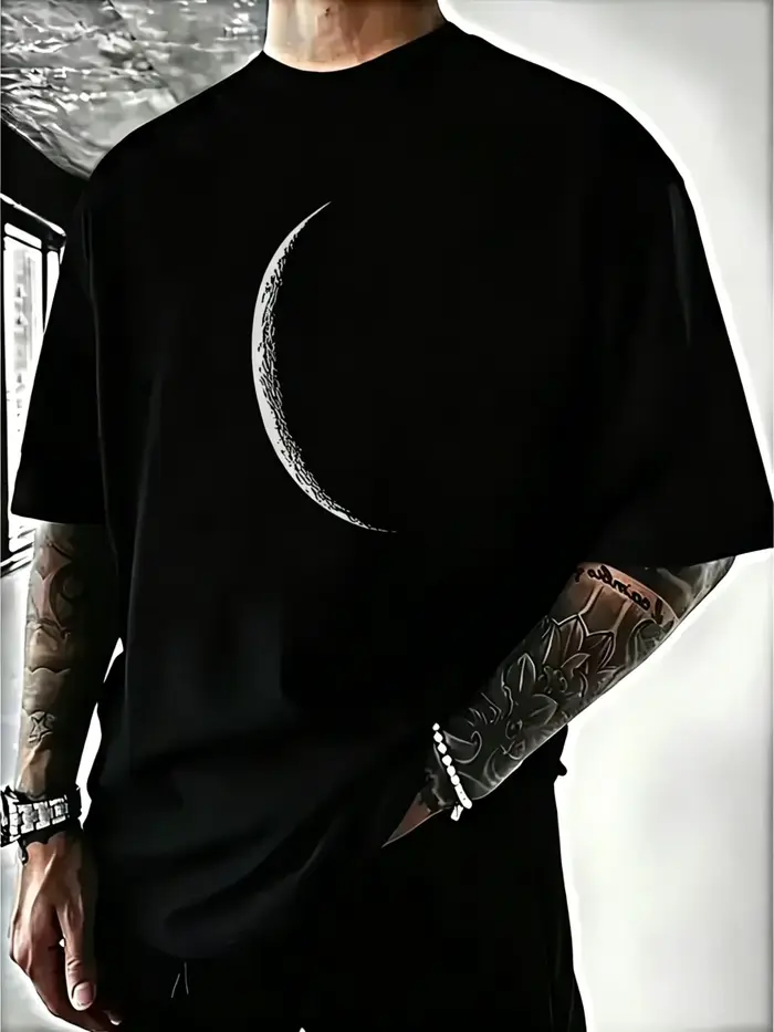 T-shirt noir pour homme en 100 % coton, avec motif croissant blanc - Vêtement à manches courtes noir