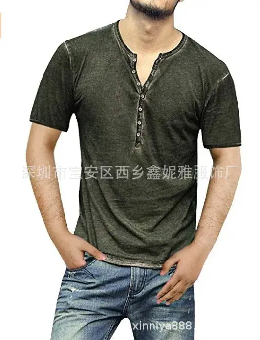 T-shirt manches courtes col Henley pour homme, en coton, vintage, décontracté, de haute qualité, cla