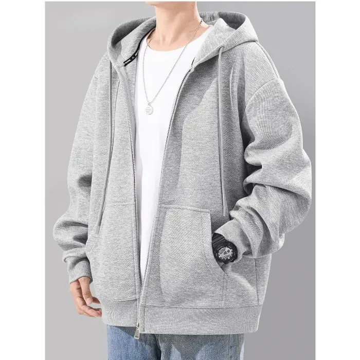 Sweat à capuche lourd avec fermeture éclair complète, version ample et décontractée, gris clair, cou