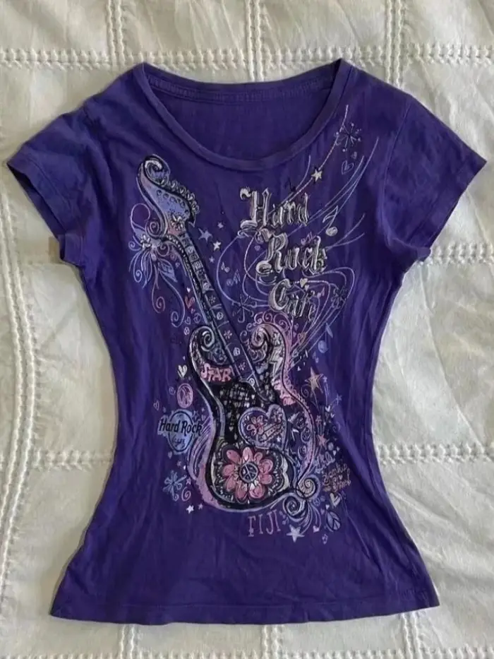 Femmes sous-culture Vintage violet imprimé T-Shirt été Y2k américain rétro mince t-shirts décontract