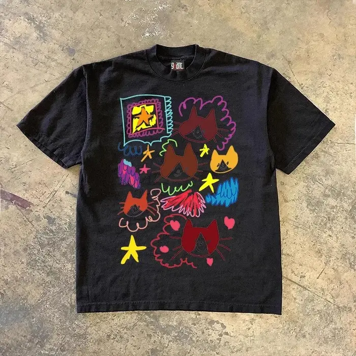 Cloud cat art graffiti imprimé niche T-shirt à manches courtes pour hommes et femmes, haut décontrac