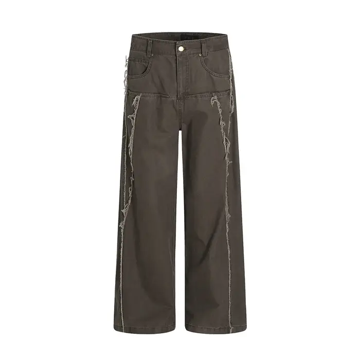Pantalon Cargo épissé à bords bruts pour hommes, rétro, High Street, ample, droit, jambes larges