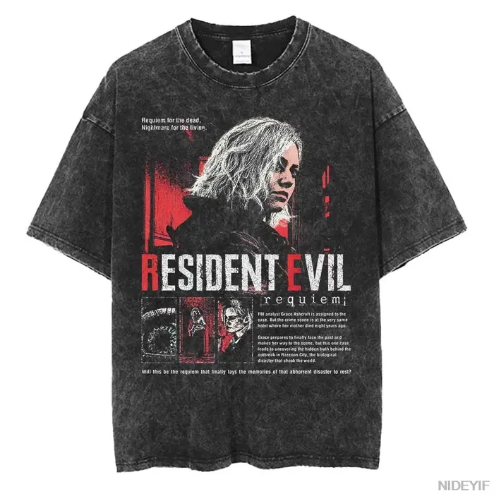 T-shirt rétro délavé avec motif imprimé Biohazard des années 1990, idéal pour les passionnés de jeux