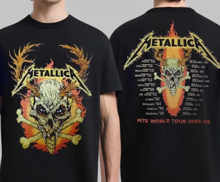 T-shirt Metallica M72 World Tour 2025 2026 Flame Skull Band 100% Coton Imprimé Homme Femme Streetwear Été