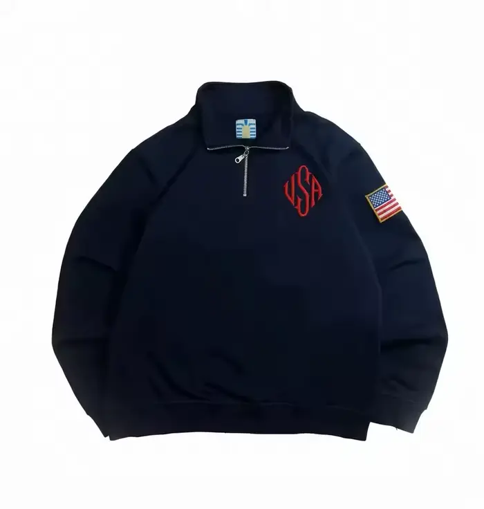 Sweat-shirt rétro Y2K Pitt avec broderie drapeau américain, col montant, quart de zip, pull streetwe