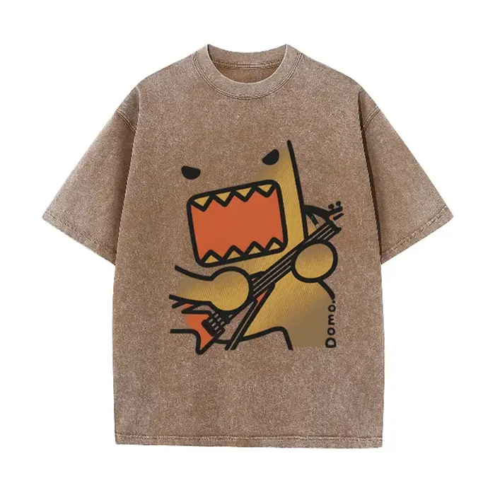 T-shirt décontracté marron délavé vintage avec imprimé graphique guitare rock Domo