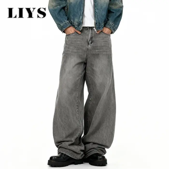 Jean Américain Rétro Baggy à Jambes Larges Gris Noir pour Homme – Printemps-Été, Style Urbain Quotid