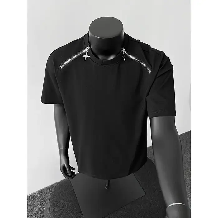 Respirant hommes col rond T-Shirt homme Zip détail Design tendance nouveau Streetwear urbain décontr
