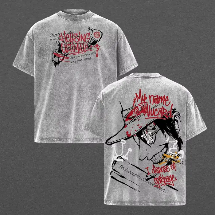 T-shirt Anime Hellsing Alucard Vintage Lavé Y2K Oversize Homme Femme Vêtements Été Manches Courtes Coton Pur Hauts