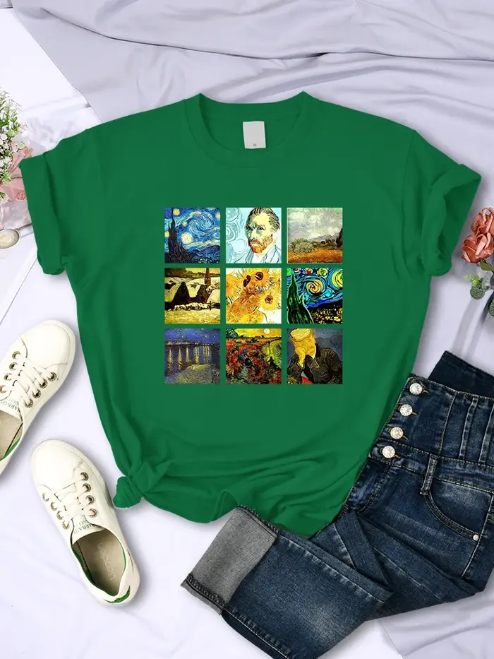 Van Gogh fonctionne Sanskrit imprimé femmes hauts respirant décontracté t-shirts mode été à manches 