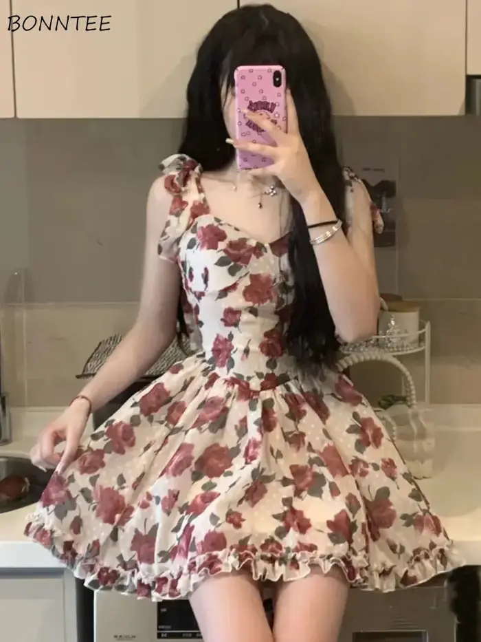 Mini Robes Femmes Vêtements Floral fibrHotsweet Temper Personnalité Été Harajuku S-3XL ChimSlim VestiEsthétique Éducative