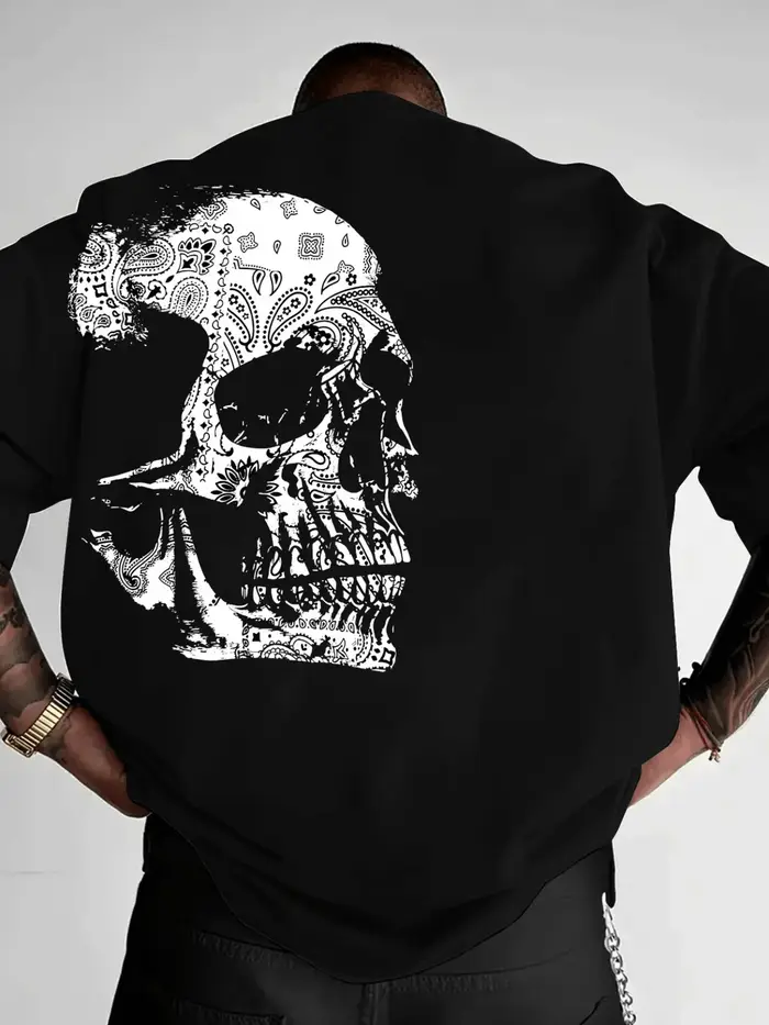 T-shirt homme été 2026 à motif tête de mort, en coton respirant, coupe oversize décontractée, col ro