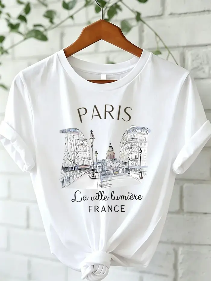 T-shirt imprimé Paris pour femme, taille asiatique 90s, T-shirt décontracté à manches courtes et col