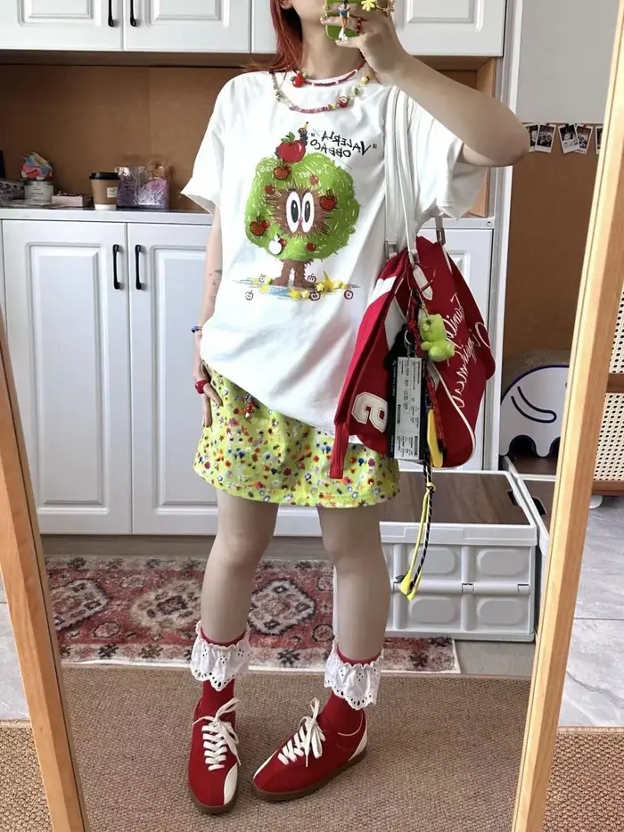 T-shirt manches courtes femme, 100% coton, dessin animé pommier, japonais, Y2K, été, coréen, mignon, Streetwear, surdimensionné