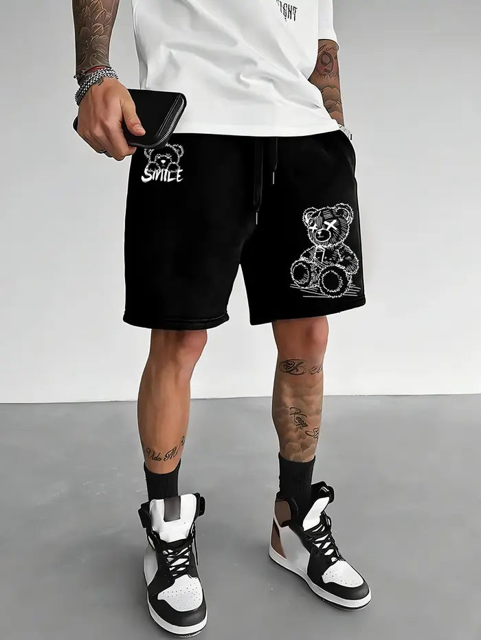 Shorts de marque streetwear surdimensionnés pour hommes, imprimé graffiti ours souriant, polyester n