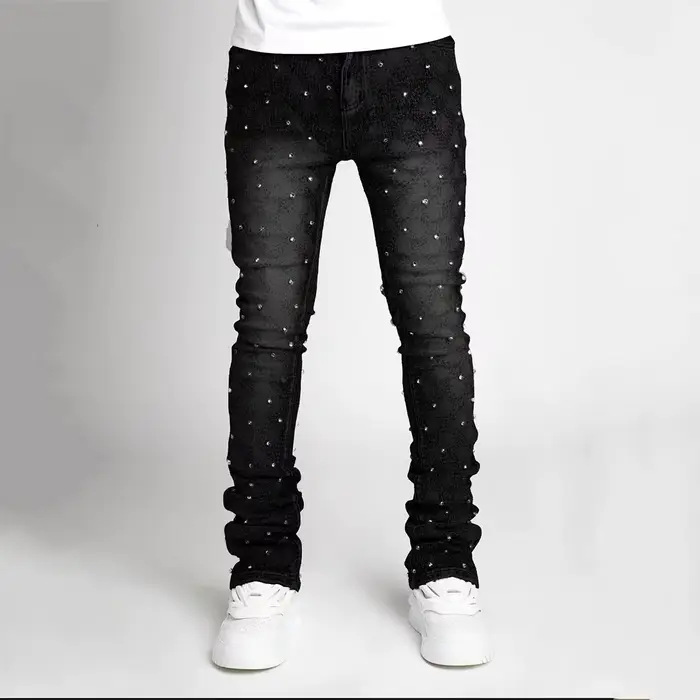 2025 nouveaux hommes jean mode droite Stretch perle Denim laminé pantalon pour hommes survêtement