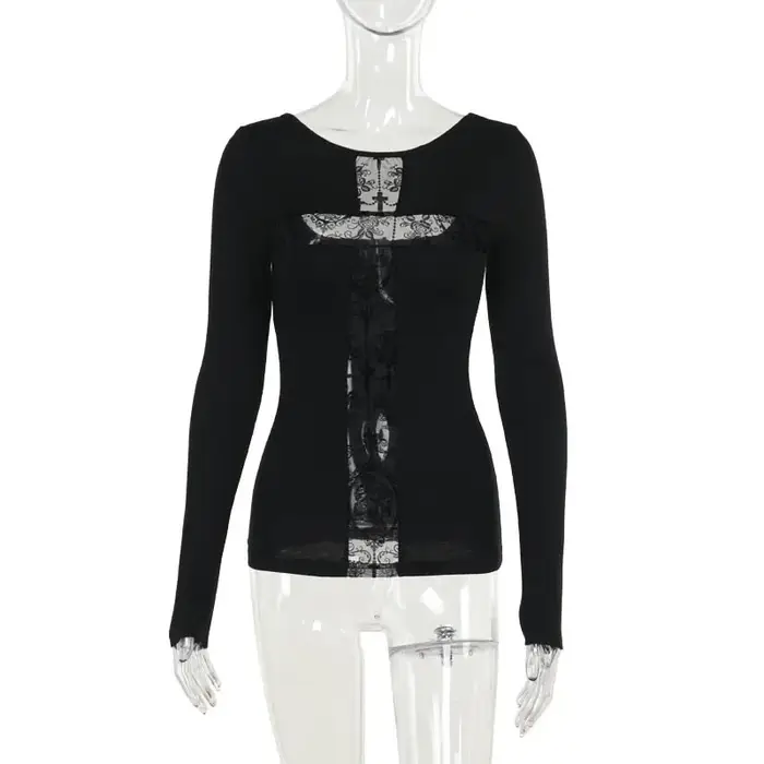 T-shirt gothique en maille évidée pour femme, demi-col roulé croisé, noir, slim, velours doux, manch