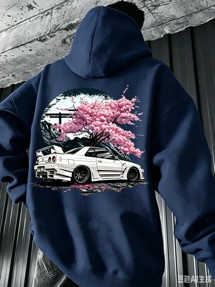 Sweat à capuche pour homme pour l'automne/hiver, style streetwear minimaliste avec graphiques vintage de voiture de sport JDM blanche et de fleurs de cerisier