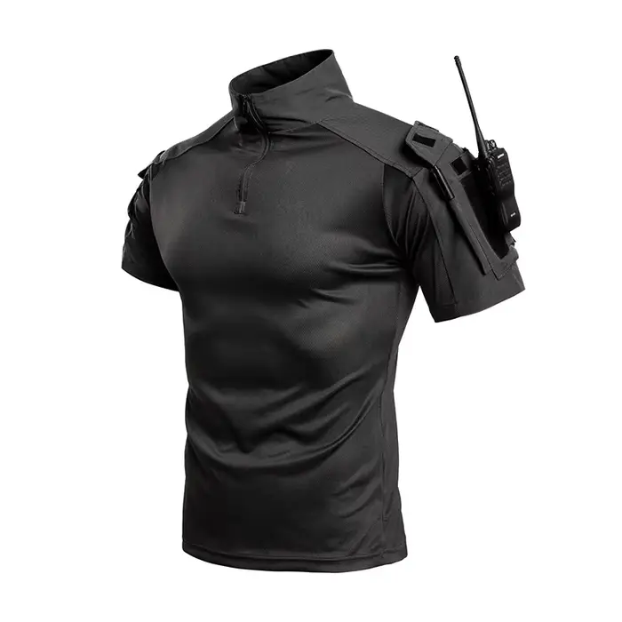 Chemise tactique de combat pour homme, manches courtes, 1/4 zip, respirante, séchage rapide, camoufl