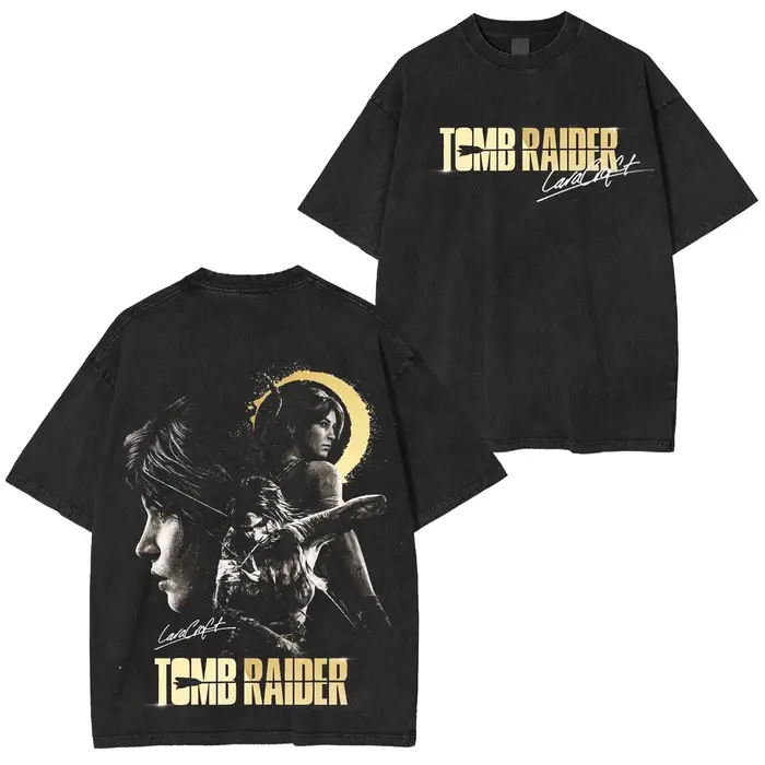 T-shirt unisexe Tomb Raider délavé, style streetwear Y2K, manches courtes, en coton épais, pour homm
