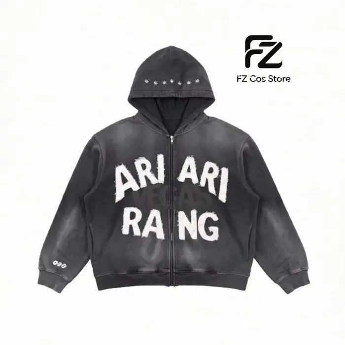 ARIRANG Sweat à capuche zippé brodé, Cardigan ouvert noir délavé vintage, Veste streetwear décontrac