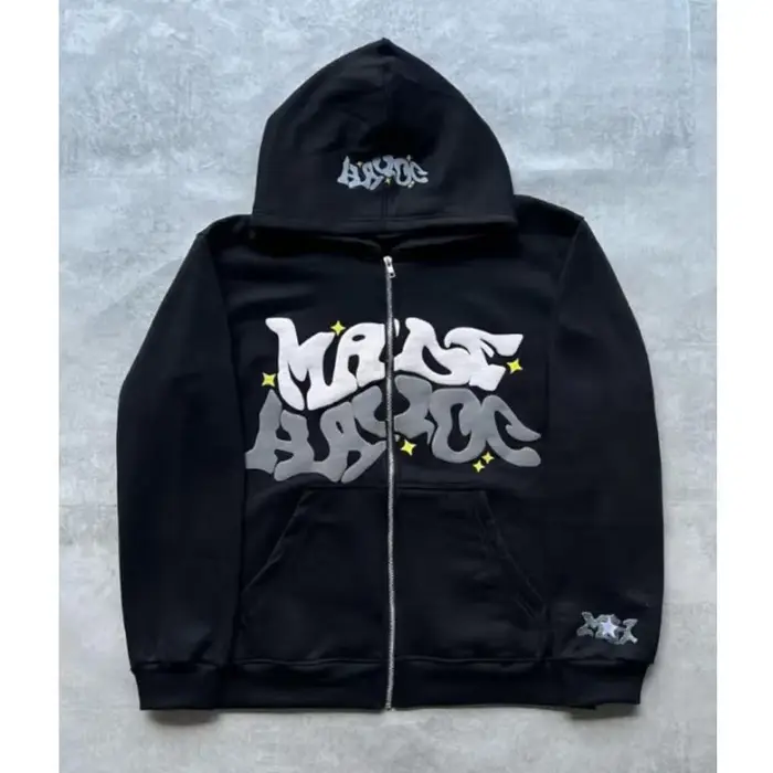 Sweat-shirt à capuche avec fermeture éclair et lettres américaines rétro