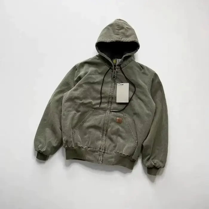 Veste à capuche rétro Carhartt J130 en toile de coton robuste, style Detroit, avec étiquette en cuir