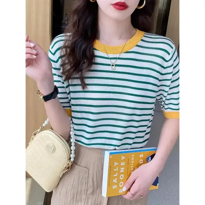 2025 hauts à rayures femmes tricoté col rond été imprimé à manches courtes décontracté Simple sauvage T-Shirt