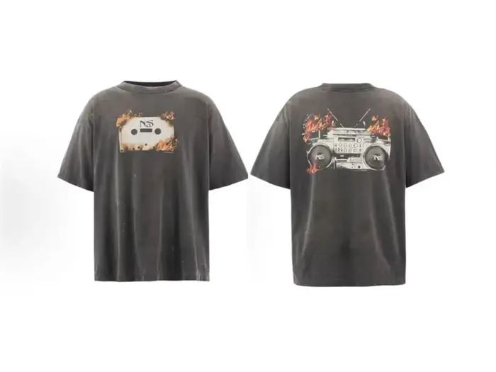 SAINT NaS lettre imprimé magnétophone motif Vintage lavé haute rue T-shirt pur coton col rond ample 