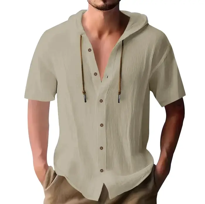 T-shirt homme 2026 décontracté à manches courtes, à capuche, boutonné, style ample, pour la plage, v