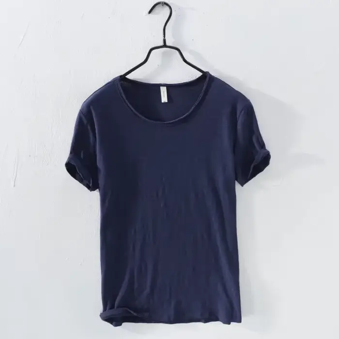 T-Shirt rétro à bords bruts pour hommes, 100% coton, léger et respirant, coupe ajustée, monochromati
