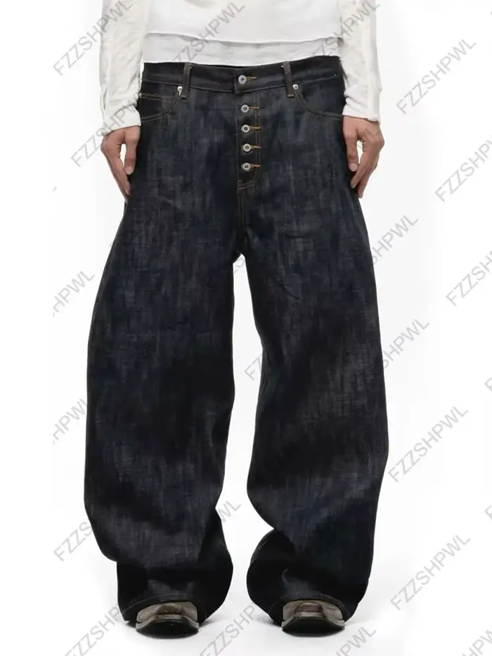 Nouveaux jeans à jambes larges pour hommes, avec décorations de boutons dans un style de rue de coul
