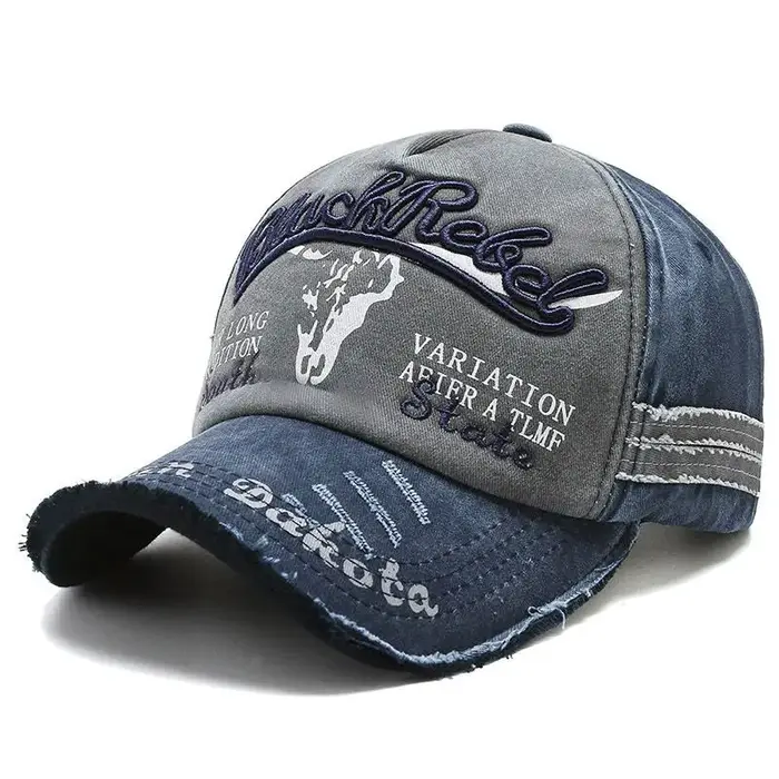 Casquette de camionneur en denim rétro pour homme avec broderie de taureau, surdimensionnée, délavée