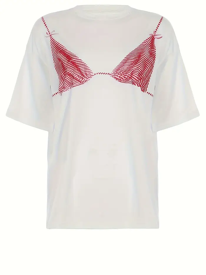 T-shirt à manches courtes et col rond imprimé bikini rose, style à la mode, adapté aux vêtements déc