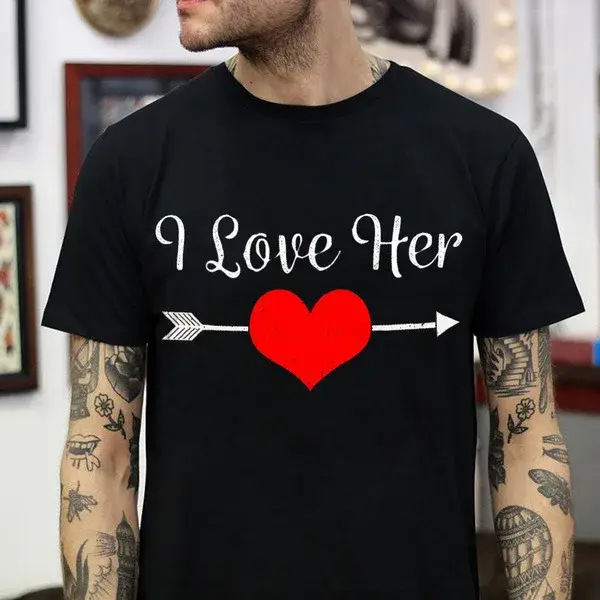 T-shirt col rond pour couple, estival et décontracté, avec I Love Him, King Queen, pour amoureux