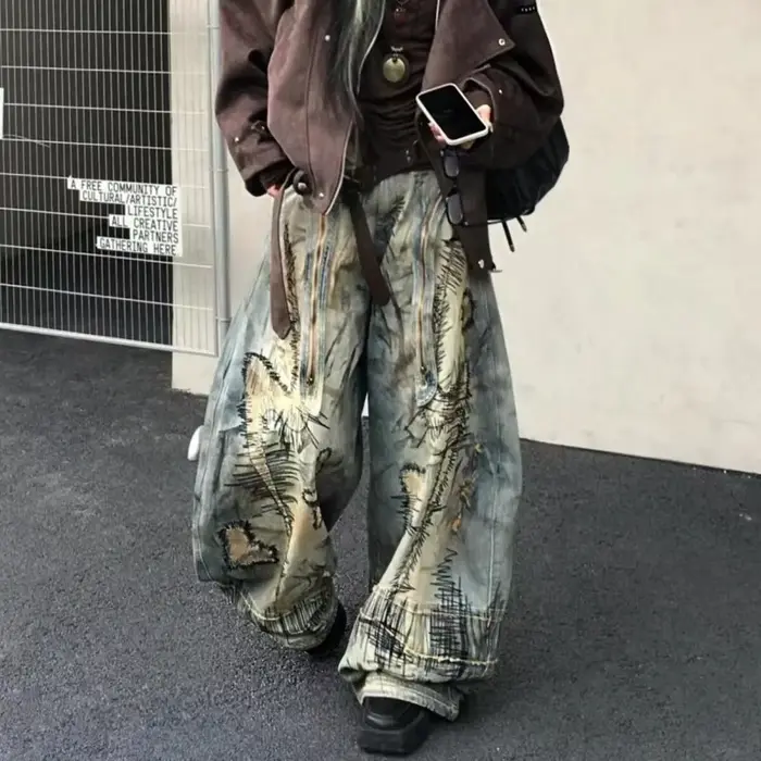Pantalon en Denim brodé de Style American Street Destruction