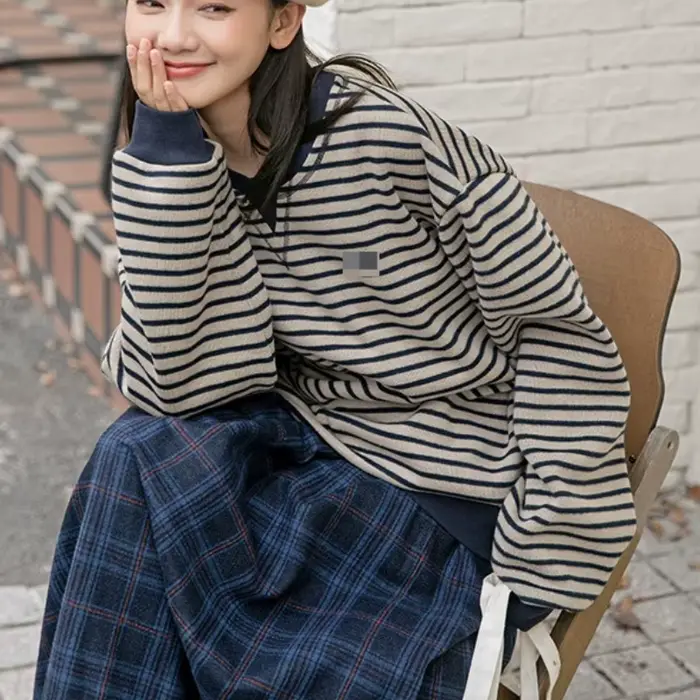 2025 hiver rétro nouveau sweat à capuche ample polyvalent rayé et velours