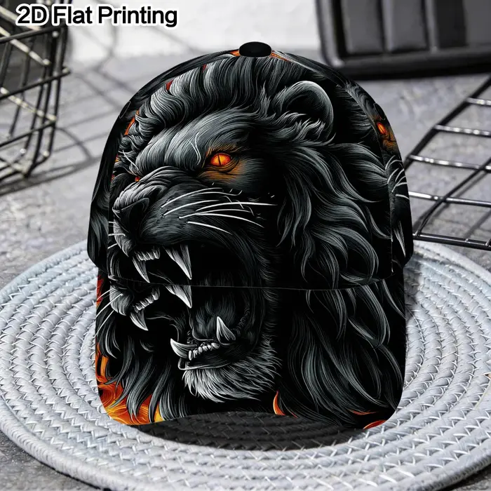 Casquette de baseball classique avec un design plat 2D d'un lion noir flamboyant, légère et ajustabl