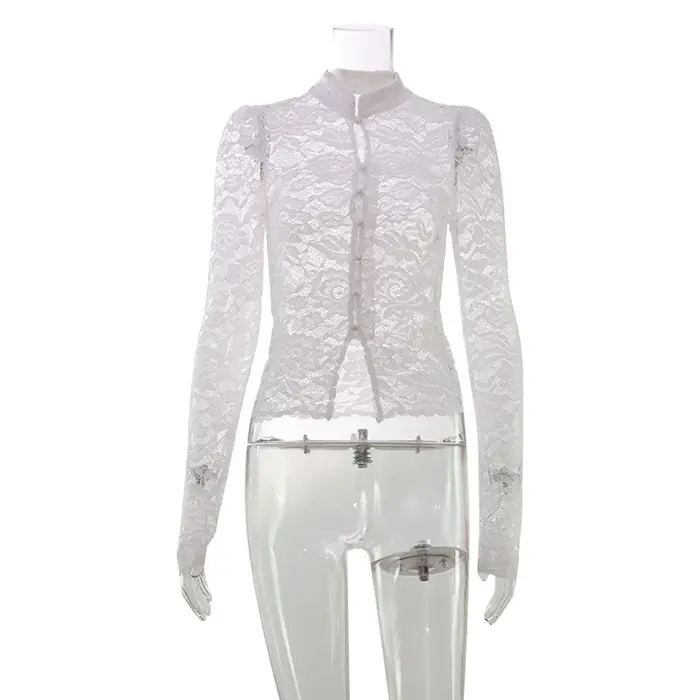 Haut à manches longues pour femme 2026, style étranger, col à boucle en dentelle française, coupe aj